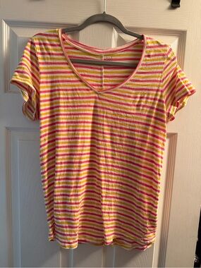 GAP Women's Short Sleeve V-Neck Tee in Pink, Yellow & White Stripes